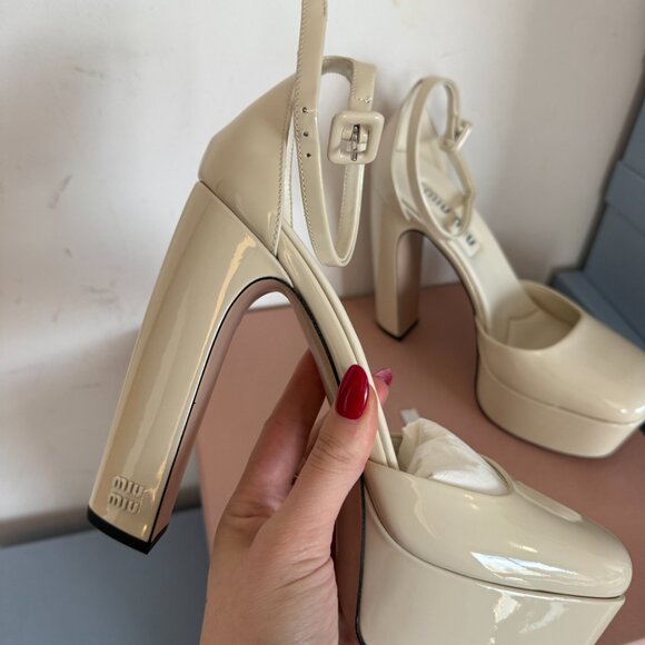 NWT Miu Miu Platform Pumps Beige Patent Leather Ankle Strap Block High Heels 40 - Picture 5 of 8